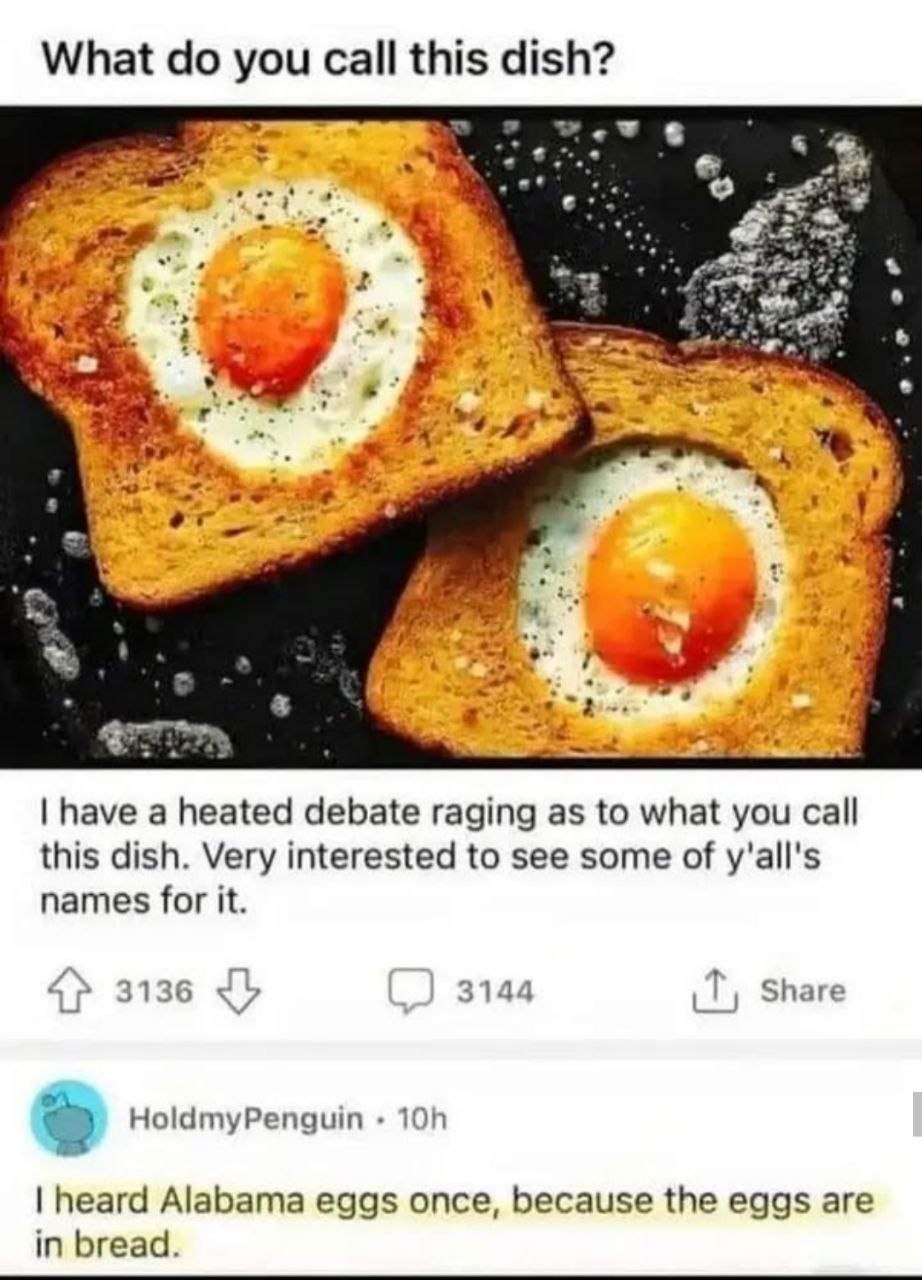 What you call this dish? 2 3% в have a heated debate raging as to what you call this dish. Very interested to see some of y'all's names for it. a 3136 <7 3144 Share HoldmyPenguin heard Alabama eggs on