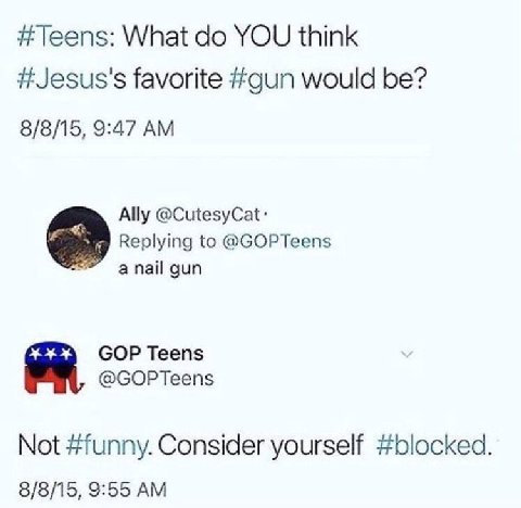 Teens: What YOU think #Jesus's favorite #gun would be? 8/8/15, 9:47 Ally @CutesyCat- Replying to @GOPTeens anail gun GOP Teens я @GOPTeens Not #funny. Consider yourself #blocked 8/8/15, 9:55