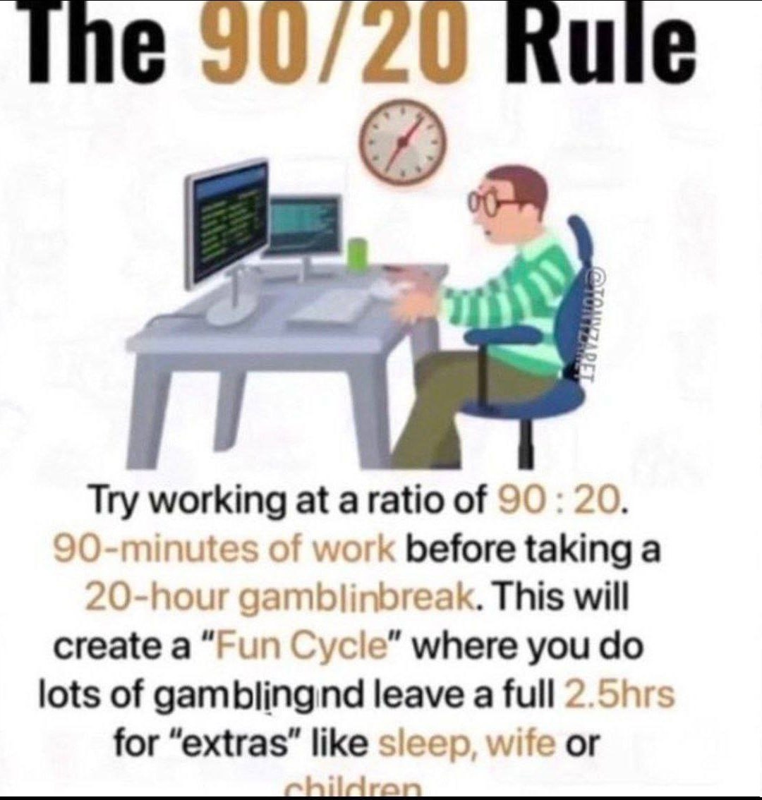 Try working at a ratio of 90 20. 90-minutes of work before taking a 20-hour gamblinbreak. This will create а “Fun Cycle” where you lots of gamblingind leave a full 2.5hrs for “extras” like wife or