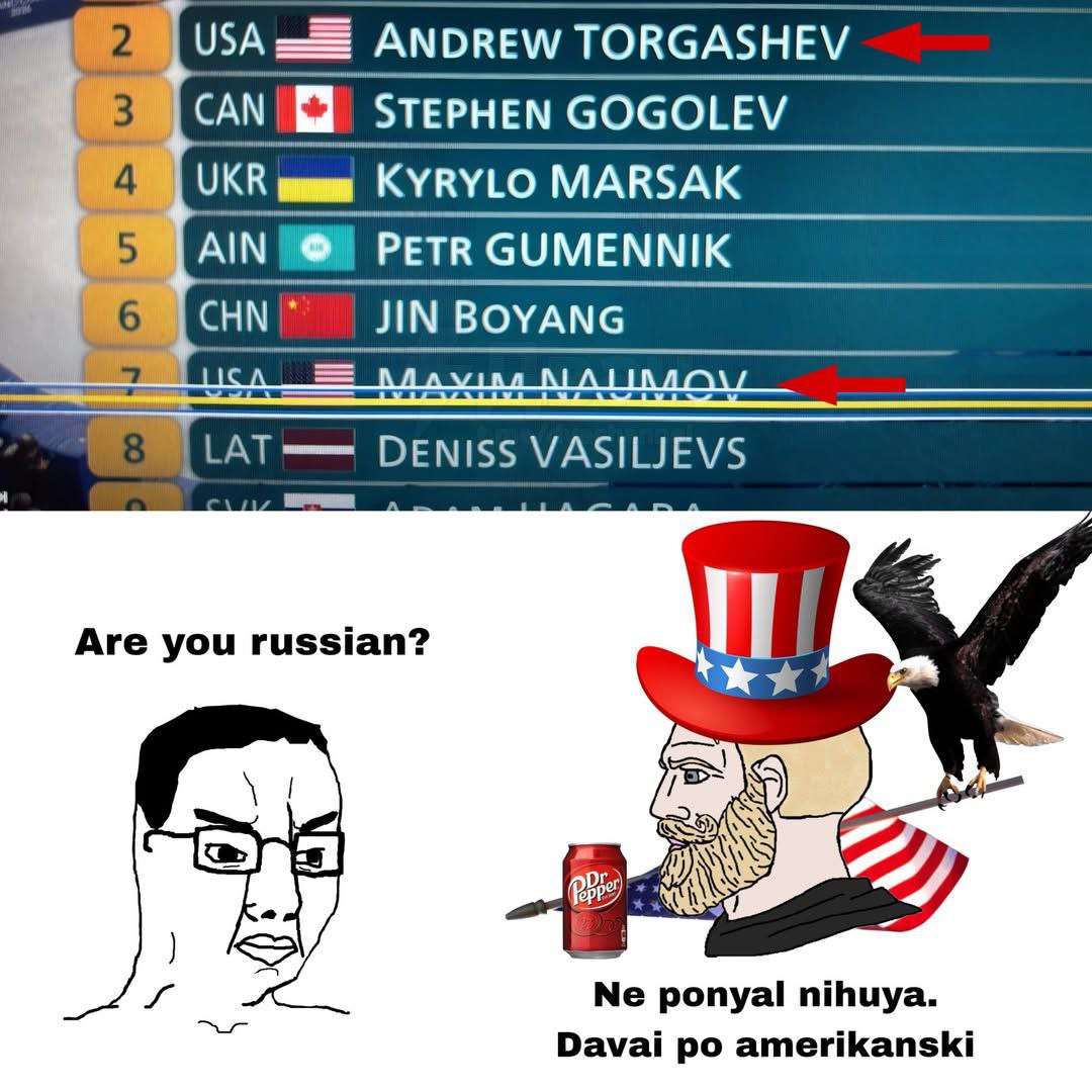 USA ANDREW TORGASHEV САМ EPHEN GOGOLEV ОКЕ KYRYLO MARSAK 5 AIN PETR GUMENNIK CHN BOYANG ENISS Are you russian? И ponyal nihuya. Davai amerikanski