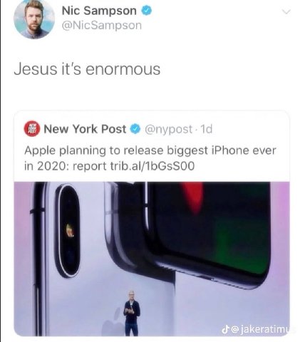 Nic Sampson Jesus it's enormous о New York Post Apple planning to release biggest iPhone ever in 2020: report trib.al/1bGsSOO