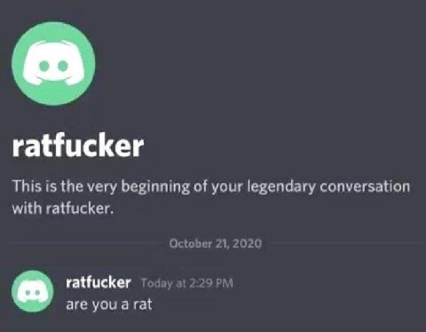 ratfucker This is the very beginning of your legendary conversation with ratfucker. October 21, 2020 a ratfucker Today at 2.29 are you a rat