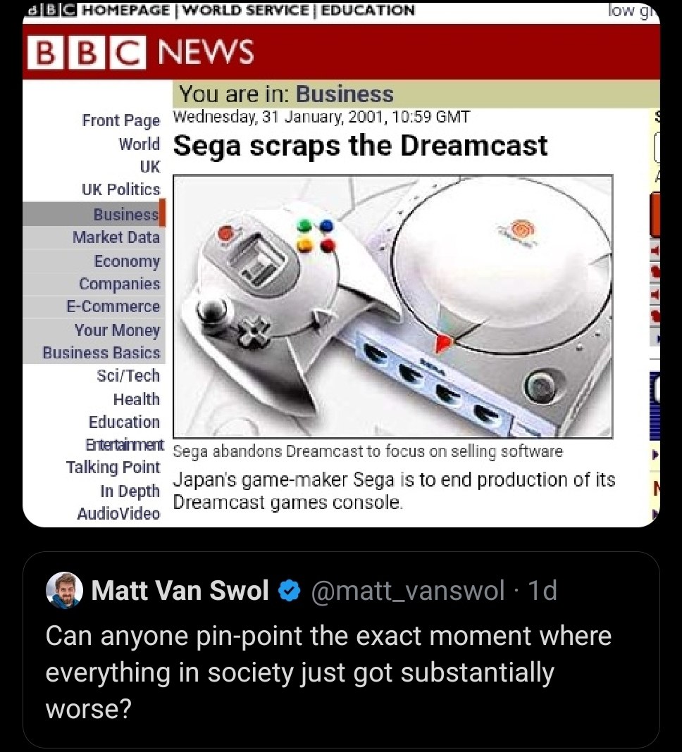 HOMEPAGE WORLD SERVICE EDUCATION You are in: Business Front Page Wednesday, 31 January, 2001, 10:59 GMT Sega scraps the Dreamcast Politics Busines Market Data Economy Companies E-Commerce Your Money B