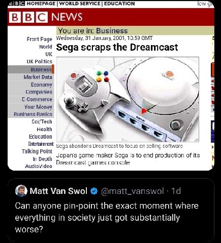 HOMEPAGE WORLD SERVICE EDUCATION You are in: Business Front Page Wednesday, 31 January, 2001, 10:59 GMT Sega scraps the Dreamcast Politics Busines Market Data Economy Companies E-Commerce Your Money B