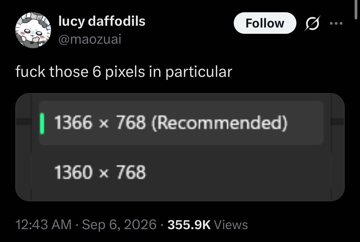 lucy daffodils @maozual fuck those 6 pixels in particular 1366 768 (Recommended) 1360 768 12:43 Sep 6, 2026 Views