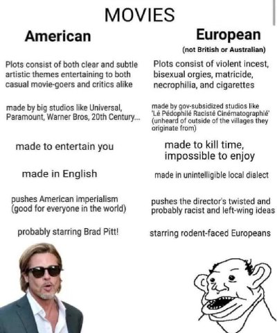 MOVIES American European (not British or Australian) Plots consist of both clear and subtle Plots consist of violent incest, artistic themes entertaining to both bisexual orgies, matricide, casual mov
