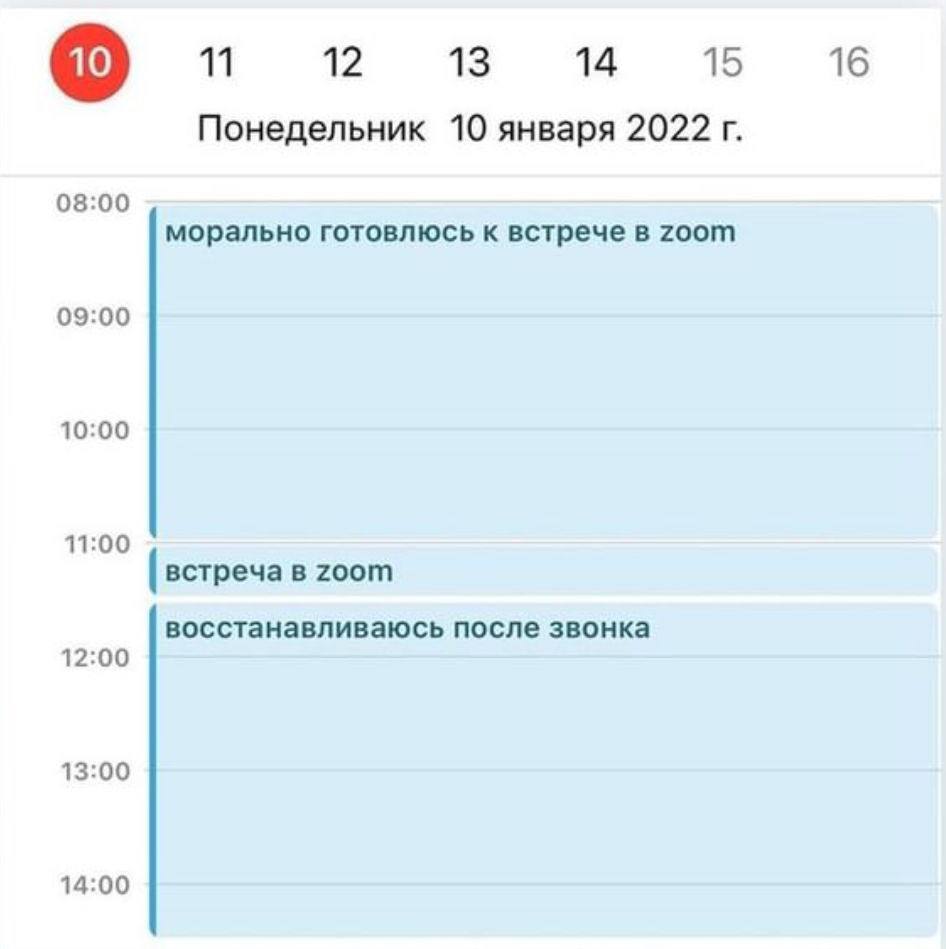 12 13 14 15 16 Понедельник 10 января 2022 08:00 морально готовлюсь к встрече в ZOOM 09:00 10:00 11:00 встреча в zoom восстанавливаюсь после звонка 12:00 13:00 14:00