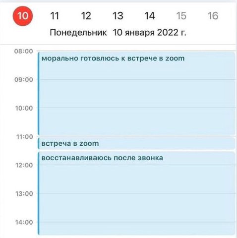 12 13 14 15 16 Понедельник 10 января 2022 08:00 морально готовлюсь к встрече в ZOOM 09:00 10:00 11:00 встреча в zoom восстанавливаюсь после звонка 12:00 13:00 14:00