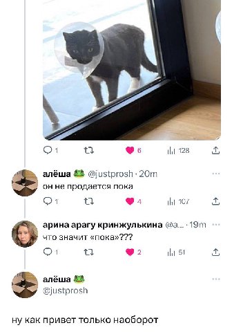 128 алёша He продается пока 4 107 арина apary кринжулькина что значит «пока»??? 2 51 алёша @justprosh ну как привет только наоборот
