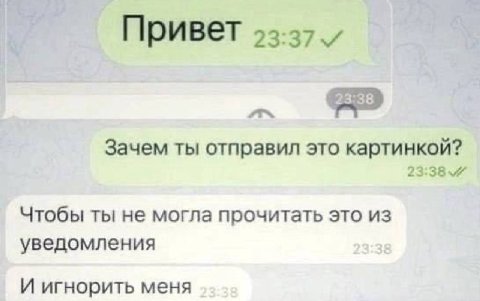 Привет Зачем ты отправил это картинкой? Чтобы ты не могла прочитать это из уведомления И игнорить меня