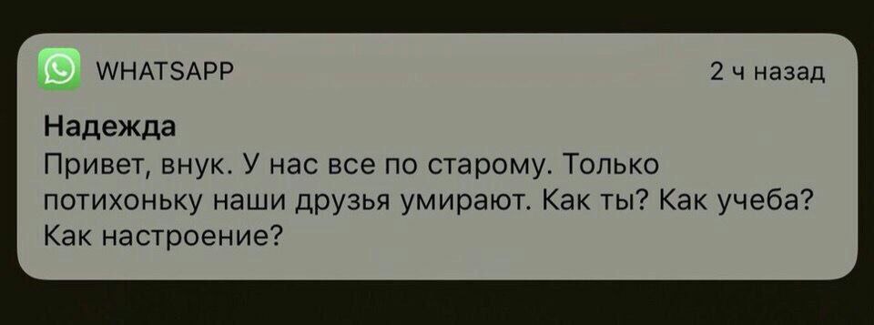 WHATSAPP 24 назад Надежда Привет, внук. У нас все по старому. Только потихоньку наши друзья умирают. Как ты? Как учеба? Как настроение?