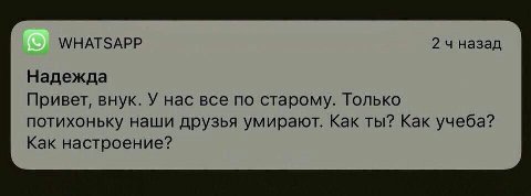 WHATSAPP 24 назад Надежда Привет, внук. У нас все по старому. Только потихоньку наши друзья умирают. Как ты? Как учеба? Как настроение?