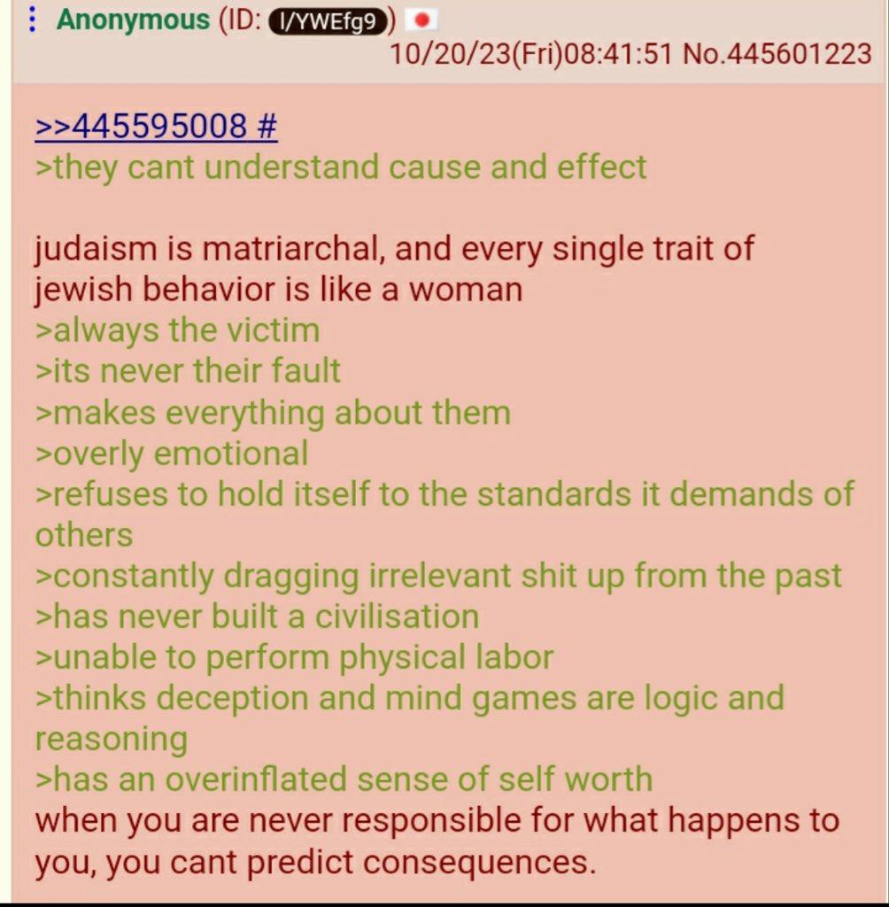 Anonymous 10/20/23(Fri)08:41:51 No.445601223 >>445595008 >they cant understand cause and effect judaism is matriarchal, and every single trait of jewish behavior is like a woman >always the victim >it