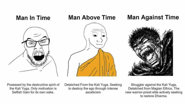 Man In Time Man Above Time Man Against Time a к у 2 и. i 4 A Posessad the destructive spiritof From the Kali Yuga, Seeking Struggler against the Kali Yuga, the Kali Yuga, Only motivation is to destroy
