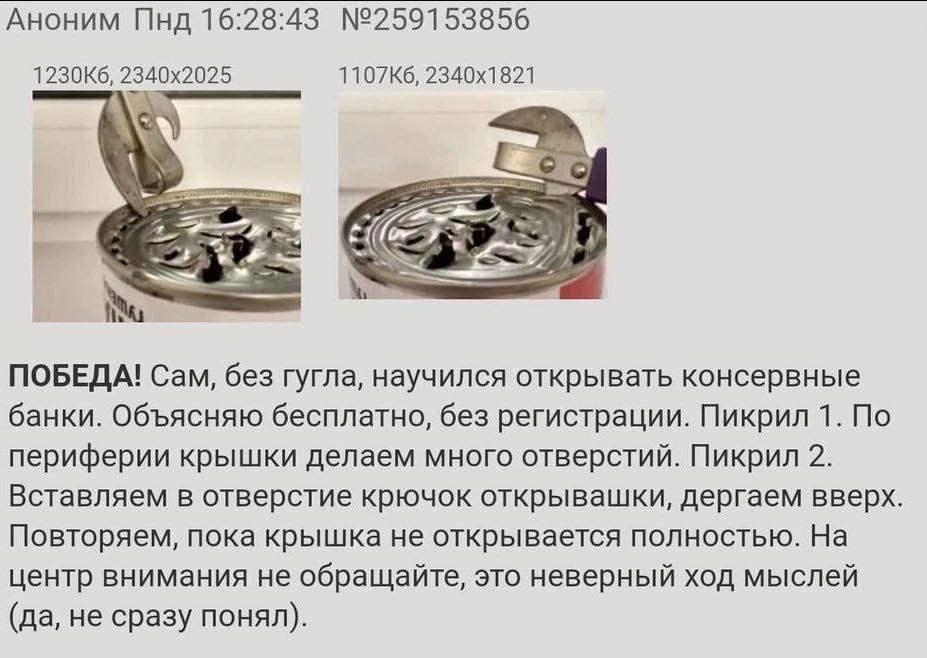 Аноним Пнд 16:28:43 №259153856 23 ПОБЕДА! Сам, без гугла, научился открывать консервные банки. Объясняю бесплатно, без регистрации. Пикрил 1. По периферии крышки делаем много отверстий. Пикрил 2. Вста