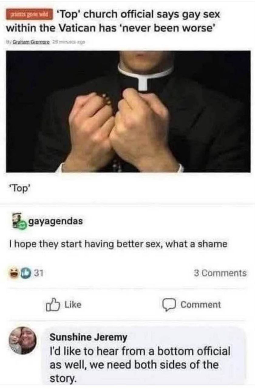 ‘Тор’ church official says gay sex within the Vatican has ‘never been worse’ Graham ‘Тор’ gayagendas hope they start having better sex, what a shame 3 Comments Like Comment Sunshine Jeremy like to hea