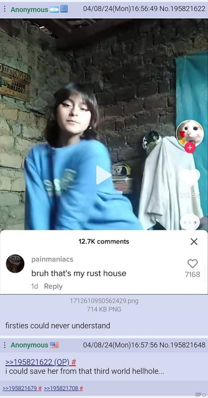04/08/24(Mon)16:56:49 No.195821622 Anonymous 12.7К comments painmaniacs bruh that's my rust house 7168 Reply 714 PNG firsties could never understand Anonymous 04/08/24(Mon)16:57:56 No.195821648 >>1958