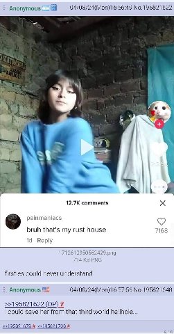 04/08/24(Mon)16:56:49 No.195821622 Anonymous 12.7К comments painmaniacs bruh that's my rust house 7168 Reply 714 PNG firsties could never understand Anonymous 04/08/24(Mon)16:57:56 No.195821648 >>1958