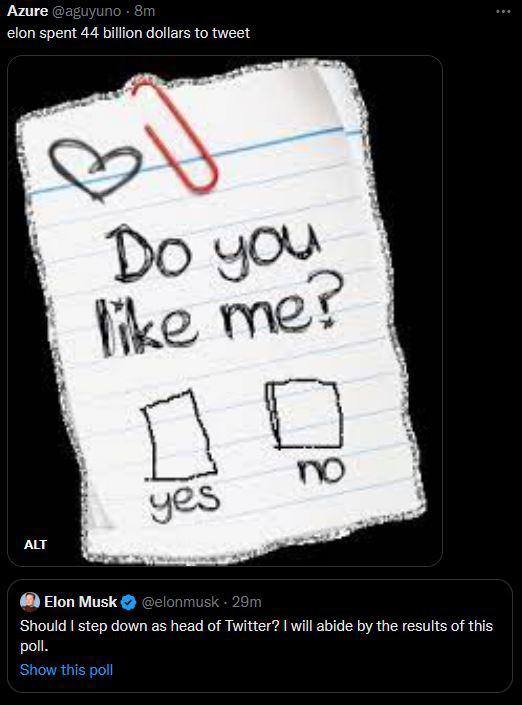 Azure @aguyuno elon spent 44 billion dollars to tweet у 4 i В. у ALT Elon Musk @elonmusk Should step down as head of Twitter? will abide the results of this poll.