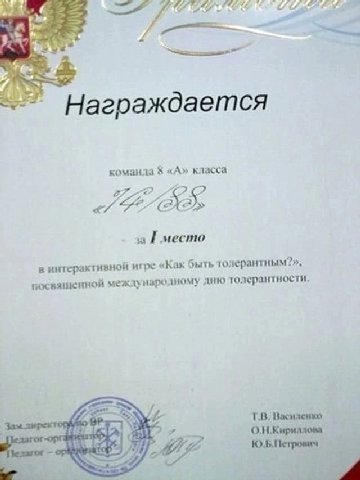 Sue 9 Награждается «А» класса команла а место быть толерантным?» в интерактивной «К народному дню толерантности Василенко 1 О.Н.Кириллова