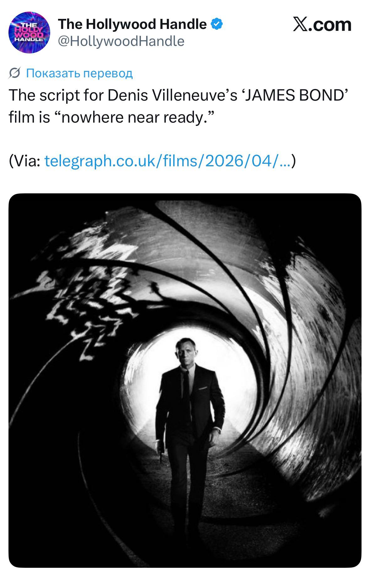 The Hollywood Handle X.com @HollywoodHandle Показать перевод The script for Denis Villeneuve’s ‘JAMES BOND’ film is “nowhere near ready.” (Via: telegraph.co.uk/films/2026/04/...) i 7