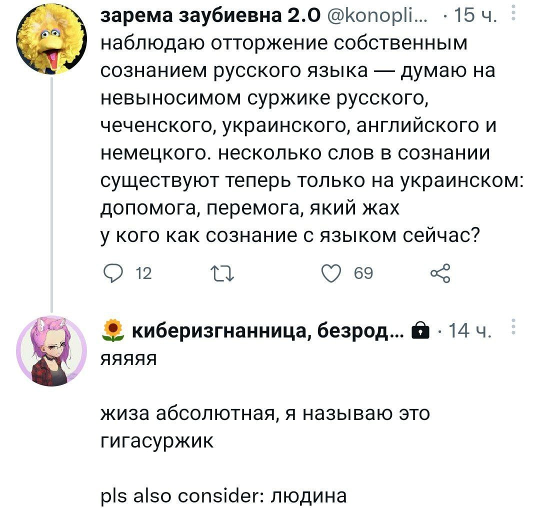 зарема заубиевна 2.0 @Копор!... 15 наблюдаю отторжение собственным сознанием русского языка думаю на невыносимом суржике русского, чеченского, украинского, английского и немецкого. несколько слов в со