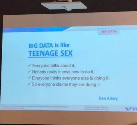 BIG DATA is like TEENAGE SEX Everyone talks about it Nobody really knows how to it, Everyone thinks everyone else is doing it So everyone claims they are doing it Dan Ariely