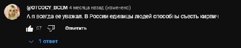 @OTCOCY_BCEM 4 месяца назад (изменено) А я всегда ее уважал. В России единицы людей способны съесть кирпич 67 Ответить Тответ