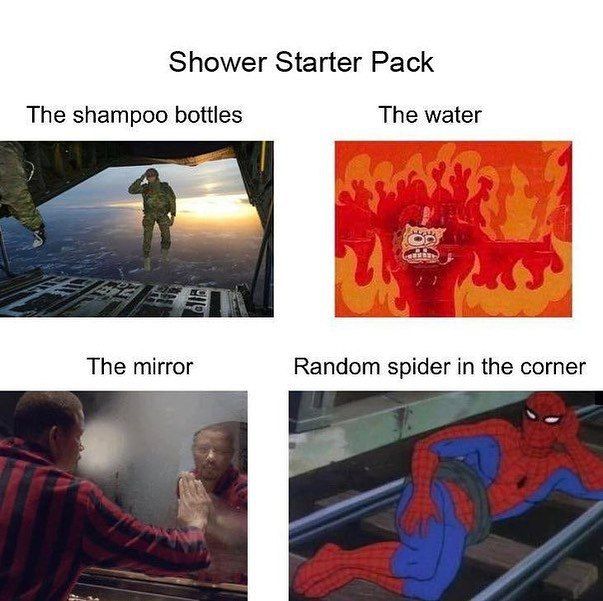 Shower Starter Pack The shampoo bottles The water The mirror Random spider in the corner