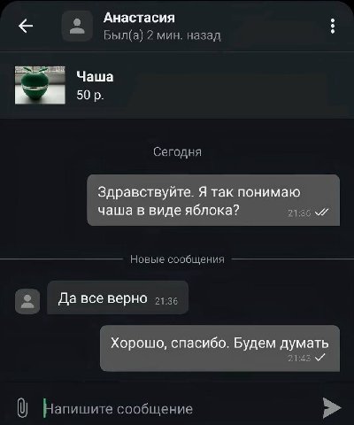 Анастасия Чаша Здравствуйте. Я так понимаю чаша в виде яблока? Да все верно Хорошо, спасибо. Будем думать