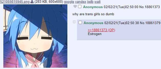 521059815945 png (283 google уапдех igdb wait Anonymous 02/02/21(Тие)02:50:00 No.18861373 why are trans girls so dumb Anonymous 02/02/21(Тие)02:50:38 No.18861379 >>18861373 Estrogen у