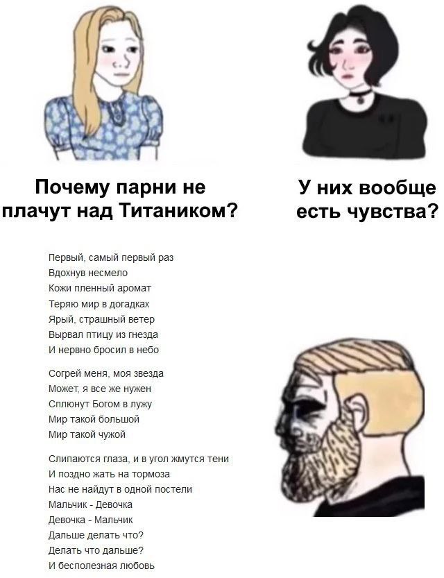 Почему парни не У них вообще плачут над Титаником? есть чувства? Первый, самый первый раз Вдохнув несмело Кожи пленный аромат Теряю мир в догадках Ярый, страшный ветер Вырвал птицу из гнезда И нервно 