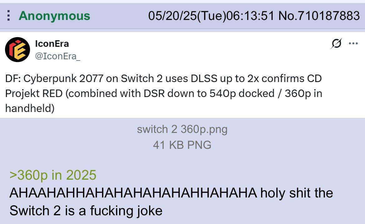 Anonymous 05/20/25(Tue)06:13:51 No.710187883 @ТсопЕга_ Cyberpunk 2077 on Switch 2 uses DLSS up to confirms Projekt RED (combined with DSR down to docked in handheld) switch 2 360p.png 41 PNG in 2025 А