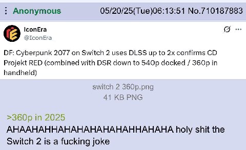 Anonymous 05/20/25(Tue)06:13:51 No.710187883 @ТсопЕга_ Cyberpunk 2077 on Switch 2 uses DLSS up to confirms Projekt RED (combined with DSR down to docked in handheld) switch 2 360p.png 41 PNG in 2025 А