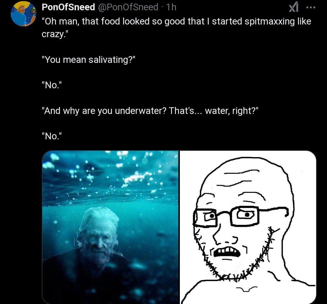 PonOfSneed man, that food looked so good that started spitmaxxing like crazy." "You mean salivating?" "No." "And why are you underwater? That's... water, right?" "No."