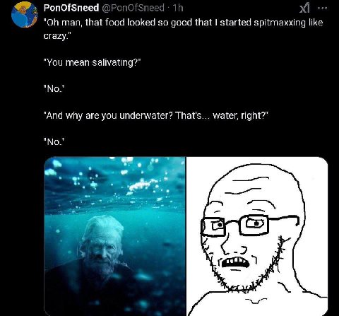 PonOfSneed man, that food looked so good that started spitmaxxing like crazy." "You mean salivating?" "No." "And why are you underwater? That's... water, right?" "No."