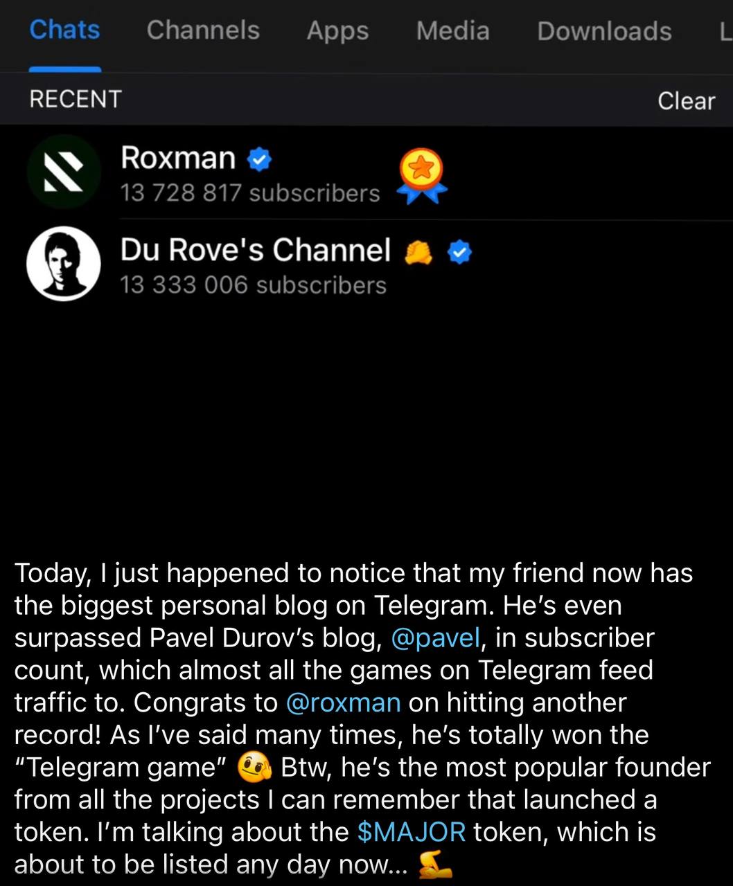 ВЕСЕМТ Clear Roxman Today, just happened to notice that my friend now has the biggest personal blog on Telegram. even surpassed Pavel Durov’s blog, in subscriber count, which almost all the games on T