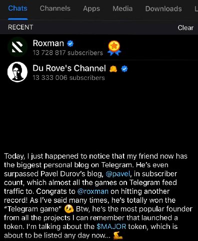 ВЕСЕМТ Clear Roxman Today, just happened to notice that my friend now has the biggest personal blog on Telegram. even surpassed Pavel Durov’s blog, in subscriber count, which almost all the games on T