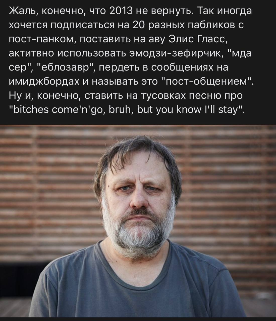 Жаль, конечно, что 2013 не вернуть. Так иногда хочется подписаться на 20 разных пабликов с пост-панком, поставить на аву Элис Гласс, актитвно использовать эмодзи-зефирчик, "мда сер", "еблозавр", перде
