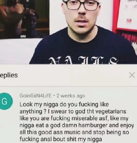 eplies GoinGiiN4LifE 2 weeks ago Look my nigga you fucking like anything swear to god tht vegetarians like you are fucking miserable asf, like my nigga eat a god damn hamburger and enjoy all this good