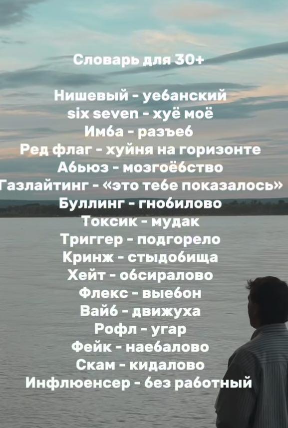 Словарь для 30+ Нишевый уебанский six seven хуё моё разъеб Ред флаг хуйня на горизонте Абьюз мозгоебство Газлайтинг «это тебе показалось» Буллинг гнобилово Токсик мудак Триггер подгорело Кринж стыдоби