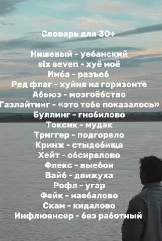 Словарь для 30+ Нишевый уебанский six seven хуё моё разъеб Ред флаг хуйня на горизонте Абьюз мозгоебство Газлайтинг «это тебе показалось» Буллинг гнобилово Токсик мудак Триггер подгорело Кринж стыдоби