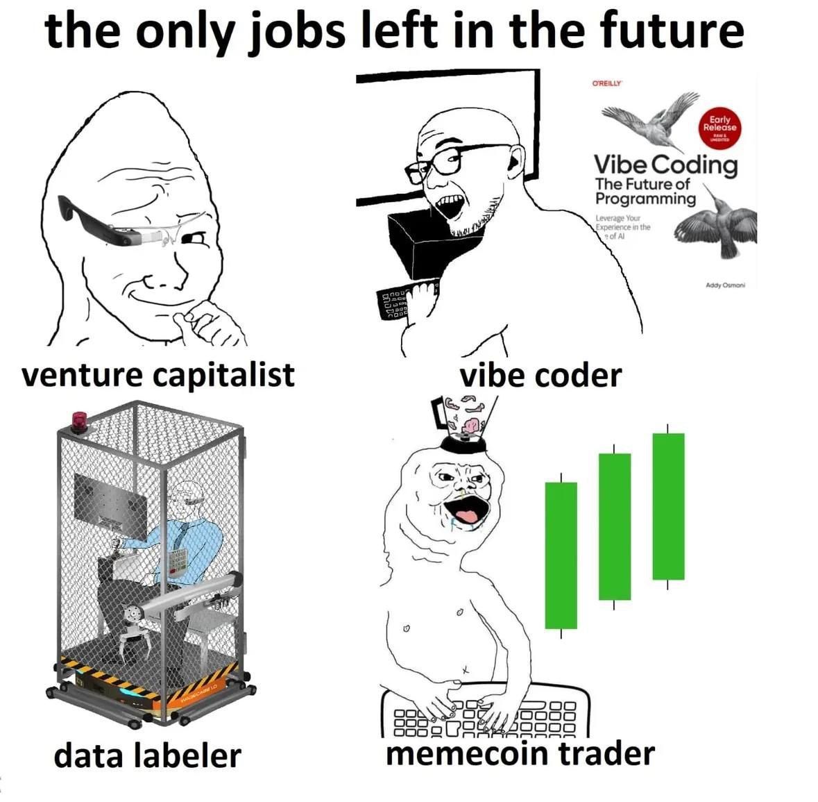 the only jobs left in the future Vibe Coding The Future of venture capitalist vibe coder 40000 data labeler memecoin trader