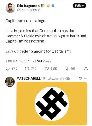 Eric Jorgenson Роном @EricJorgenson Capitalism needs а logo. It's ahuge miss that Communism has the Hammer Sickle (which actually goes hard) and Capitalism has nothing. Let's better branding for Capit