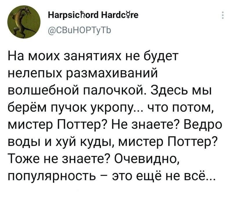 Harpsichord Hardc¥re @CBuHOPTyTb На моих занятиях не будет нелепых размахиваний волшебной палочкой. Здесь мы берём пучок укропу... что потом, мистер Поттер? Не знаете? Ведро воды и хуй куды, мистер По