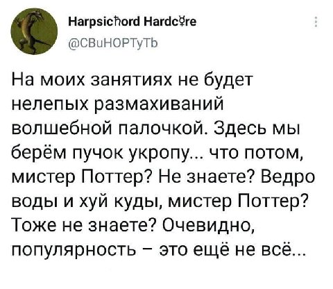 Harpsichord Hardc¥re @CBuHOPTyTb На моих занятиях не будет нелепых размахиваний волшебной палочкой. Здесь мы берём пучок укропу... что потом, мистер Поттер? Не знаете? Ведро воды и хуй куды, мистер По