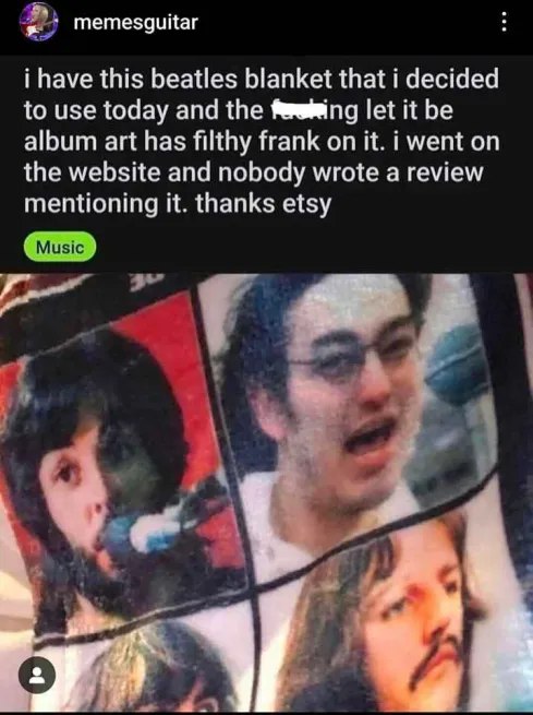 тетездийаг i have this beatles blanket that 1 decided to use today and the let it be album filthy frank on it. the website and nobody wrote a review it. hanks etsy