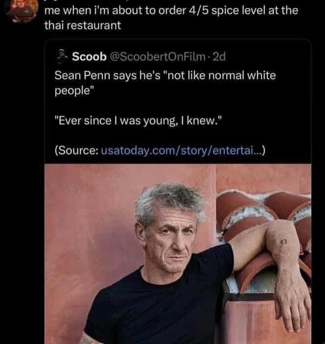 me when about to order 4/5 spice level at the thai restaurant 5. Scoob Sean Penn says he's "not like normal white people" "Ever since was young, knew." (Source: usatoday.com/story/entertai...) 1
