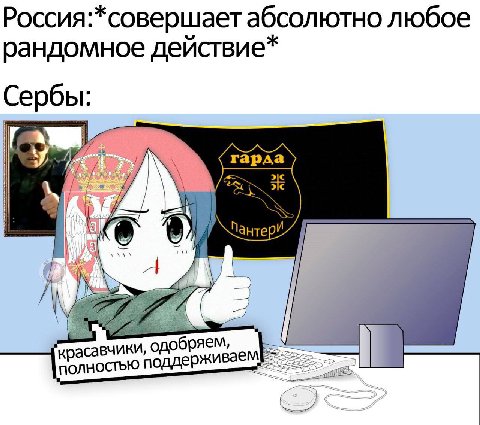 Россия:*совершает абсолютно любое рандомное действие* Сербы: aN Пантери обряем, ПОЛНОСТЬЮ поддерживаем,