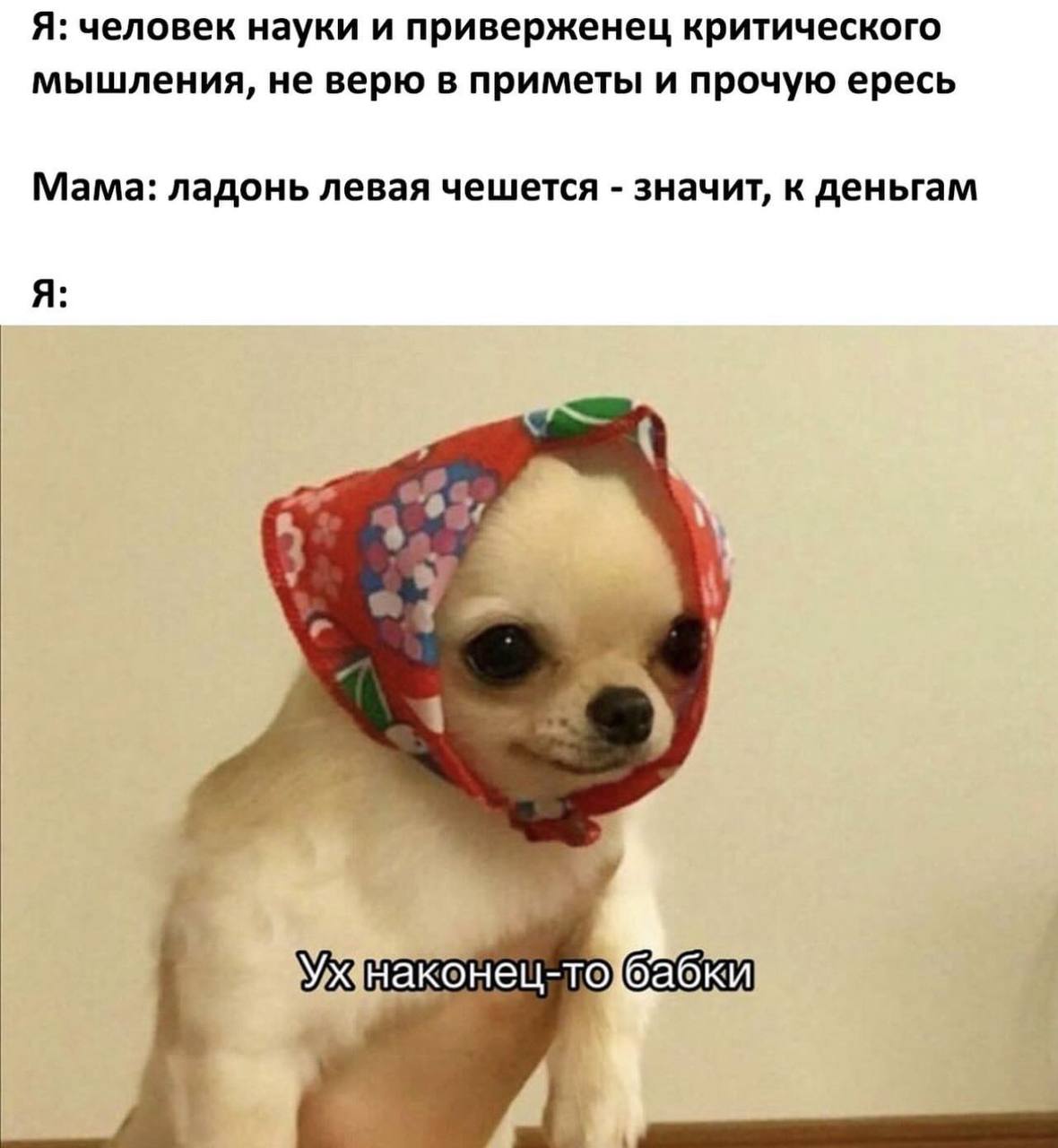 Я: человек науки и приверженец критического мышления, не верю в приметы и прочую ересь Мама: ладонь левая чешется значит, к деньгам A наконец-то